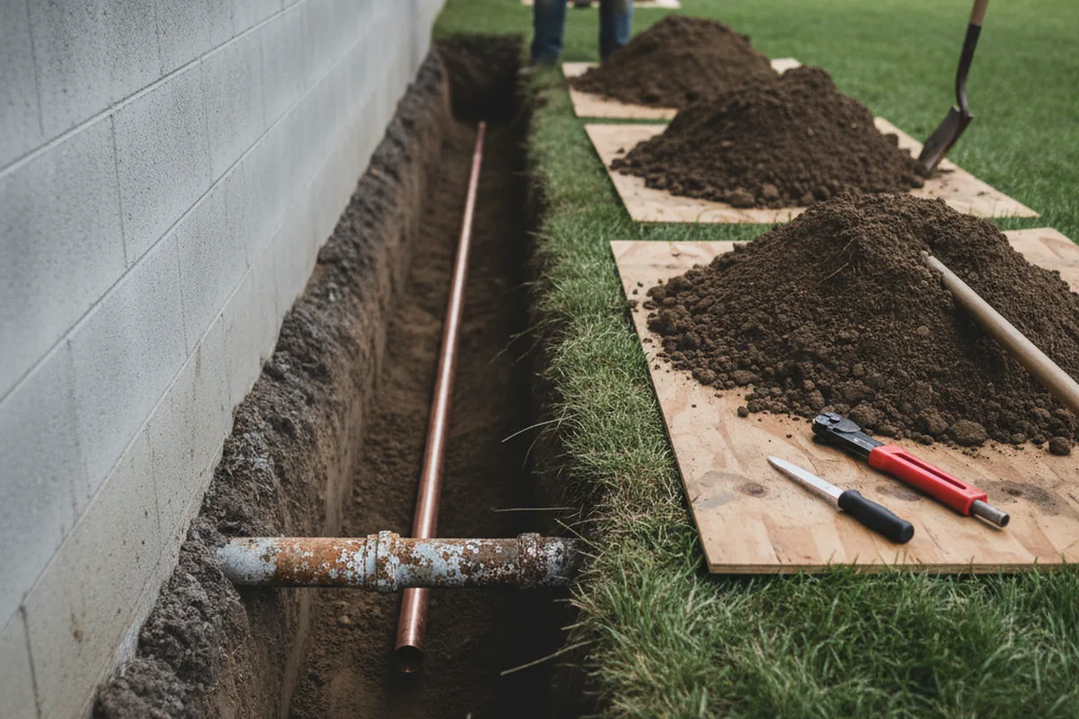 Excavated water line trench during Water Softener Installation in Quartzsite